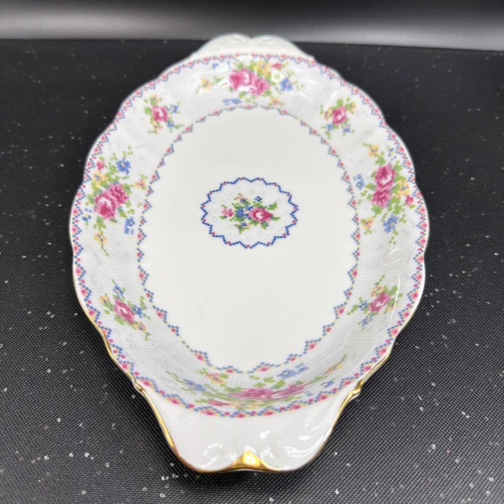 Royal Albert Petit Point China Oval Serving Platter Floral Gold Trim England 10